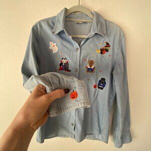 Vintage Fells Creek Embroidered Halloween Denim Button-up
